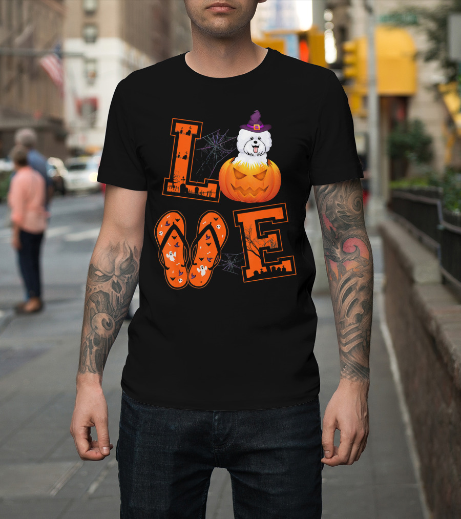 LOVE Bichon Frise Pumpkin Halloween Ghosts Bats and Spider Webs T-Shirt