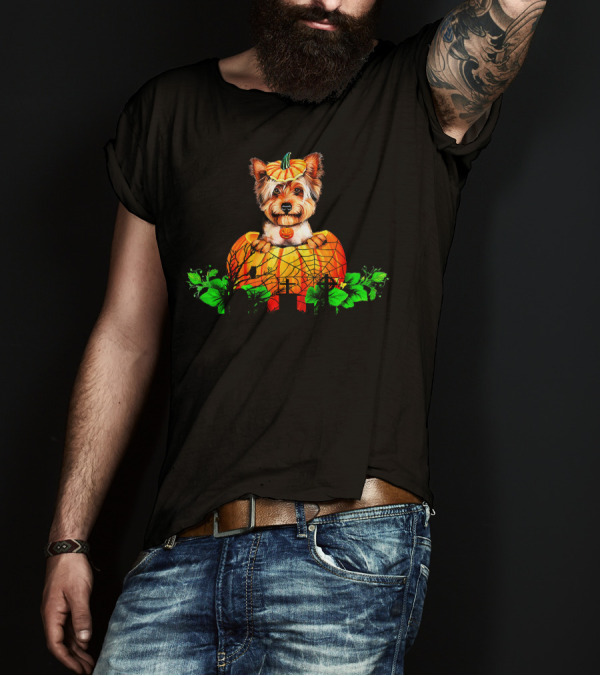 Yorkie In Halloween Pumpkin With Spider Web And Greenery T-Shirt