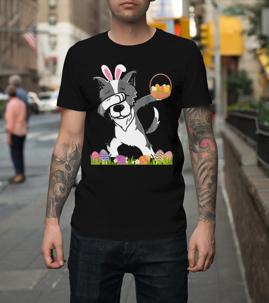 Funny Border Collie Dabbing Bunny Ears Basket Easter Eggs T-Shirt