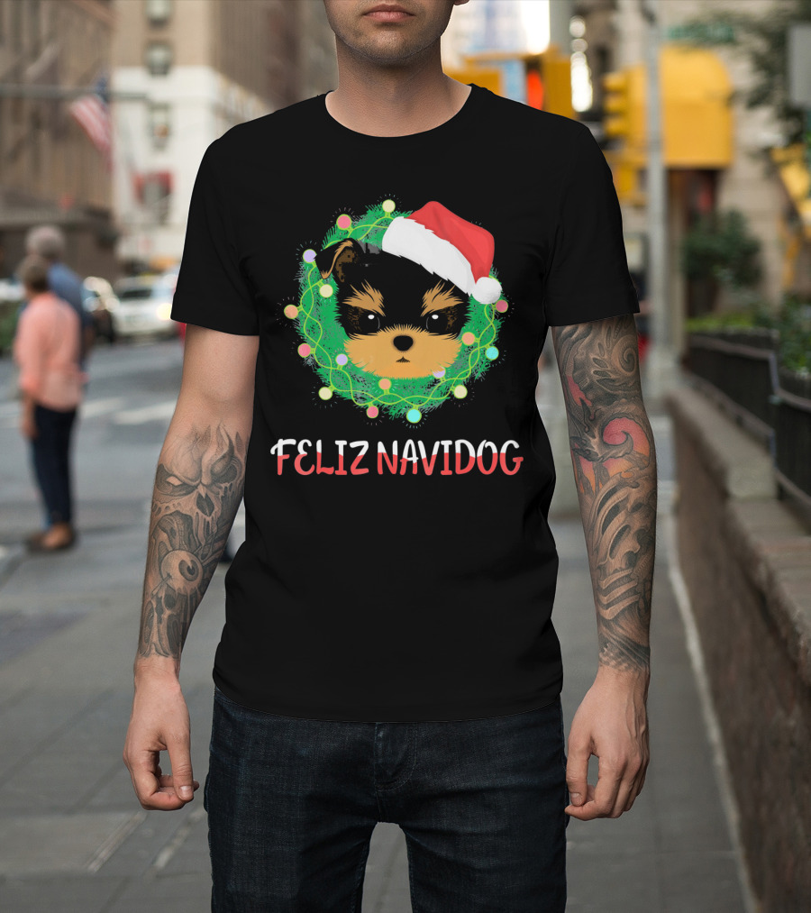 Yorkshire Terrier Feliz Navidog Santa Hat Wreath Christmas Lights T-Shirt