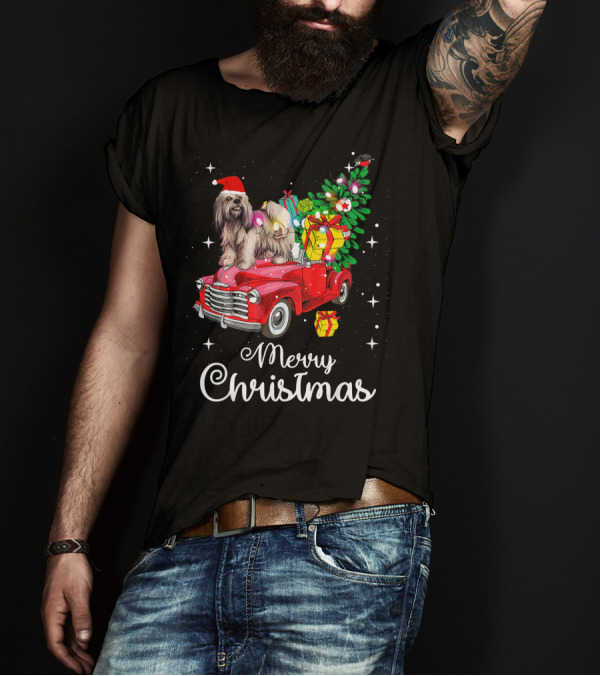 Lhasa Apso Rides Red Truck Merry Christmas Pajamas T-Shirt