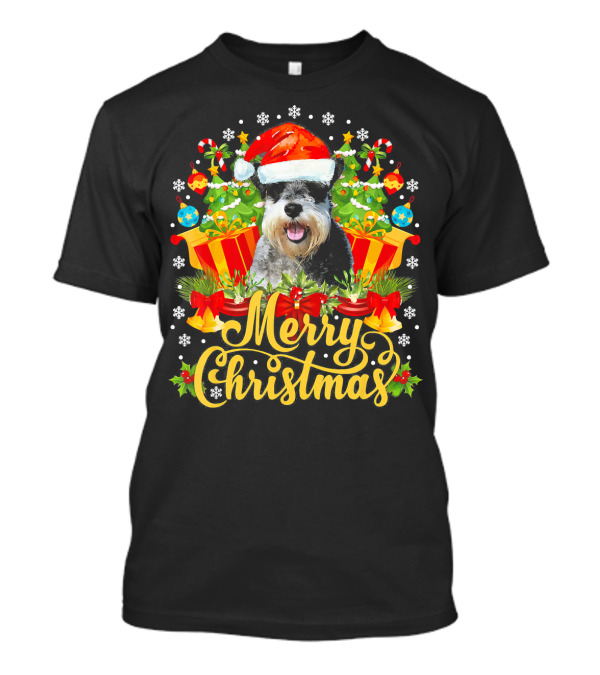 Merry Christmas Miniature Schnauzer Santa Hat Candy Canes Snowflakes Presents T-Shirt