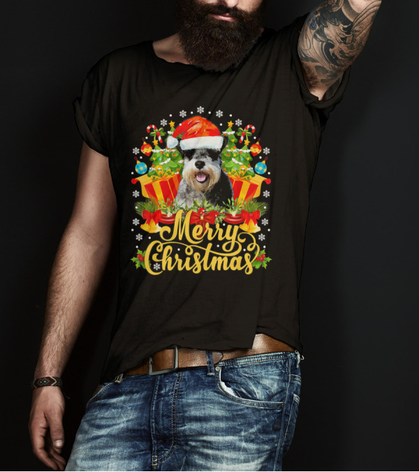 Merry Christmas Miniature Schnauzer Santa Hat Candy Canes Snowflakes Presents T-Shirt