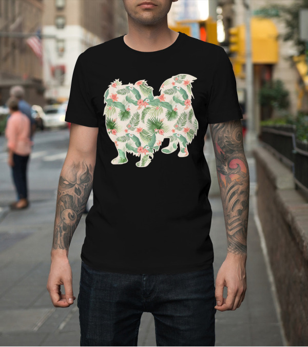 Shirt: Pekingese Silhouette with Floral Tropical Print T-Shirt Pekingese Silhouette with Floral Tropical Print T-Shirt