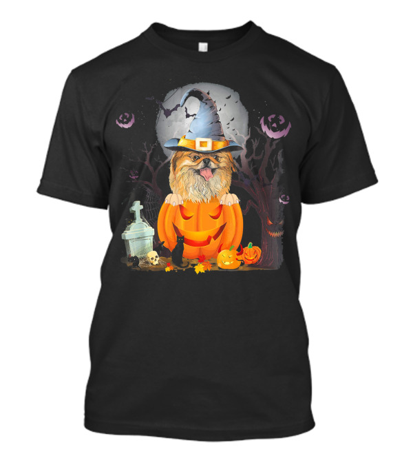 Pekingese Dog Witch Hat Halloween Pumpkin Bat Moon Cat Graveyard T-Shirt