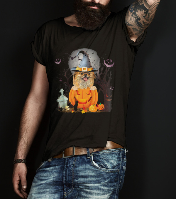 Pekingese Dog Witch Hat Halloween Pumpkin Bat Moon Cat Graveyard T-Shirt