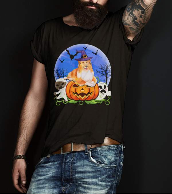Sheltie Halloween Pumpkin Ghosts Mummy Witch Hat Bats Moon T-Shirt
