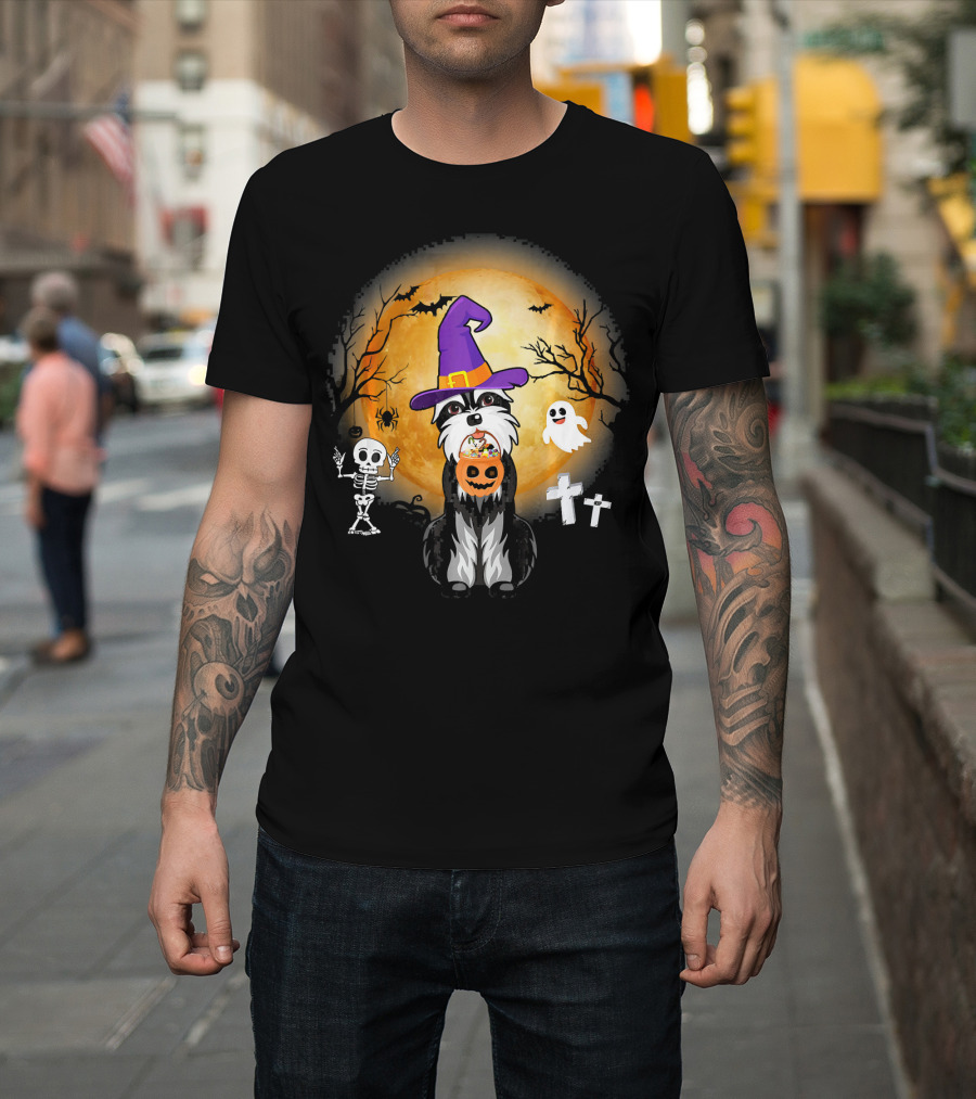Standard Schnauzer Witch Halloween Moon Ghost Skeleton Pumpkin T-Shirt