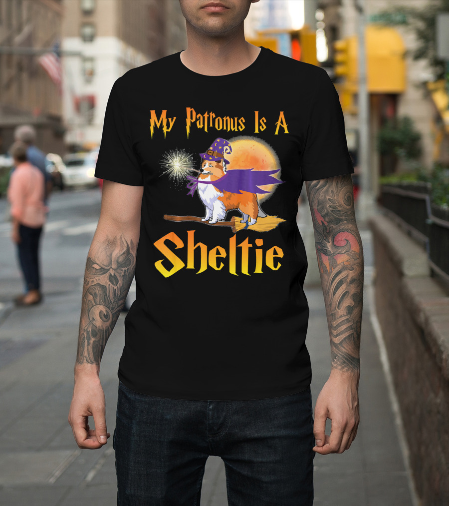 My Patronus Is A Sheltie Witch Flying Broom Moon T-Shirt