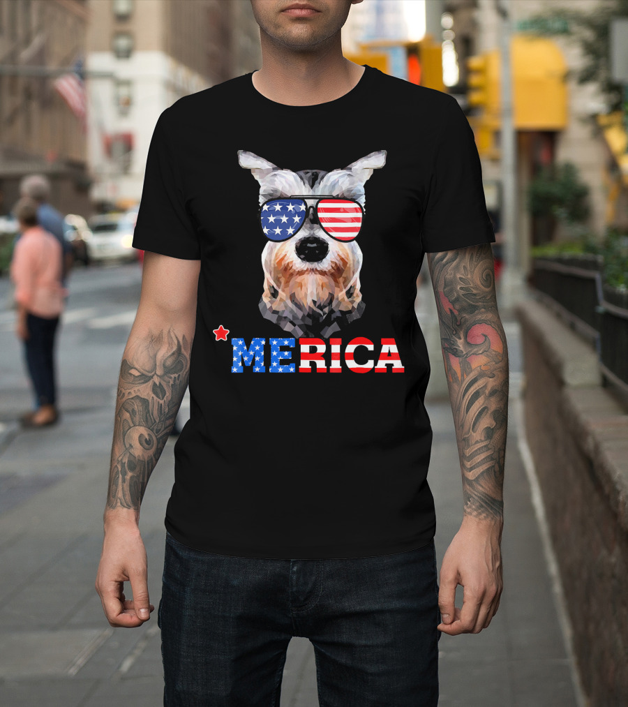 MERICA Funny Miniature Schnauzer with American Flag Sunglasses T-Shirt