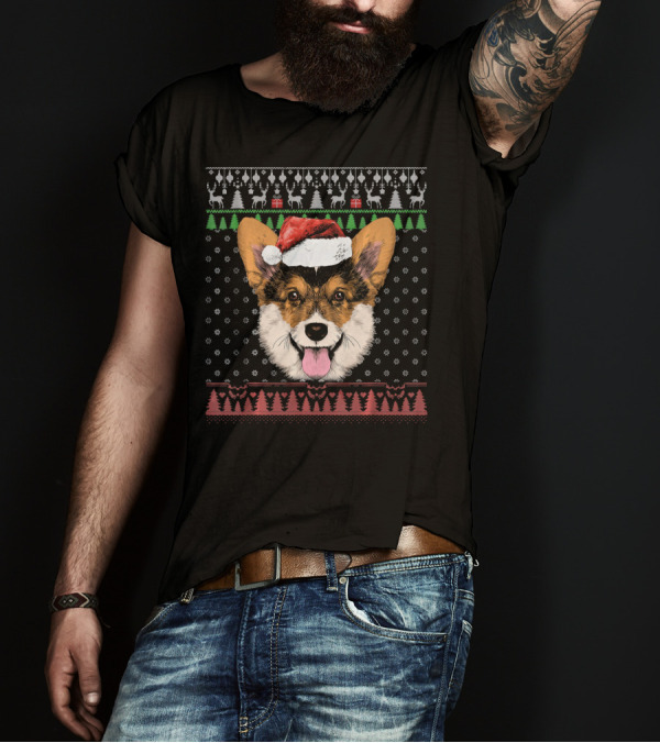 Welsh Corgi Dog Santa Hat Ugly Christmas T-Shirt