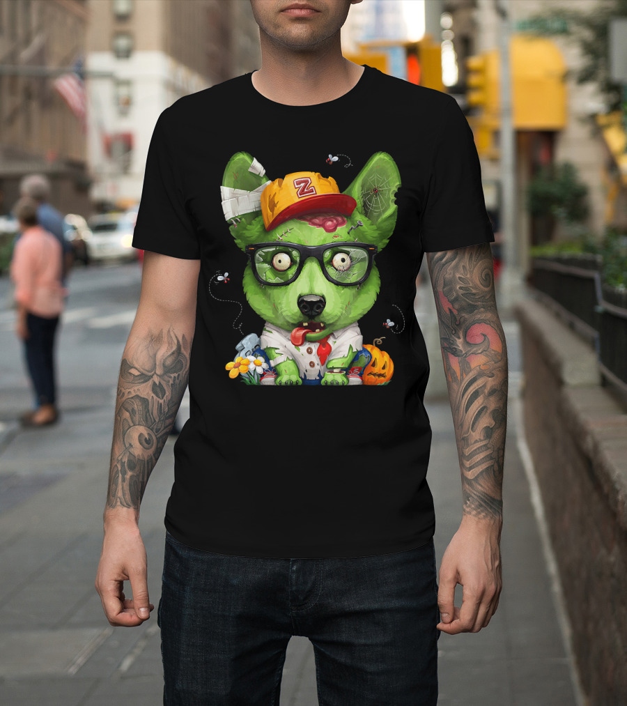 Zany Zombie Welsh Corgi with Glasses and Pumpkin T-Shirt