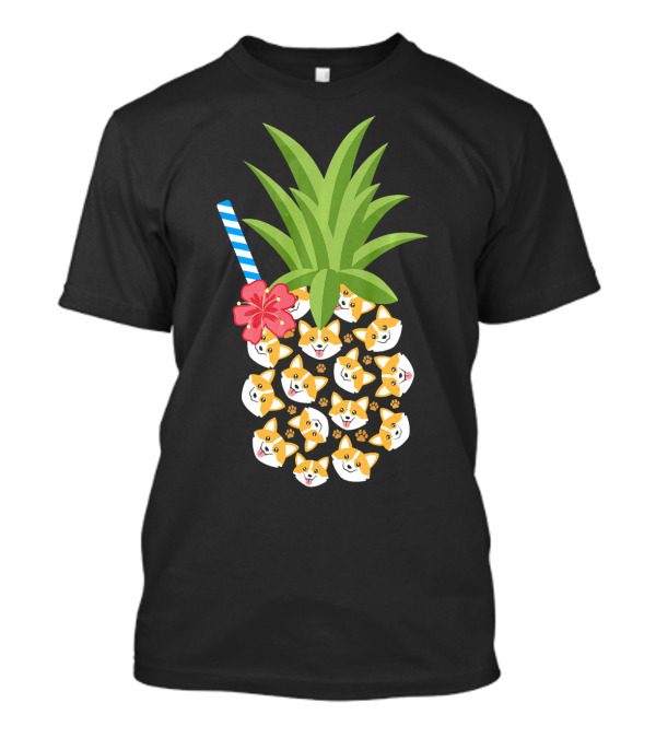 Pineapple Corgi Hawaiian Tropica With Hibiscus And Stripe Straw T-Shirt