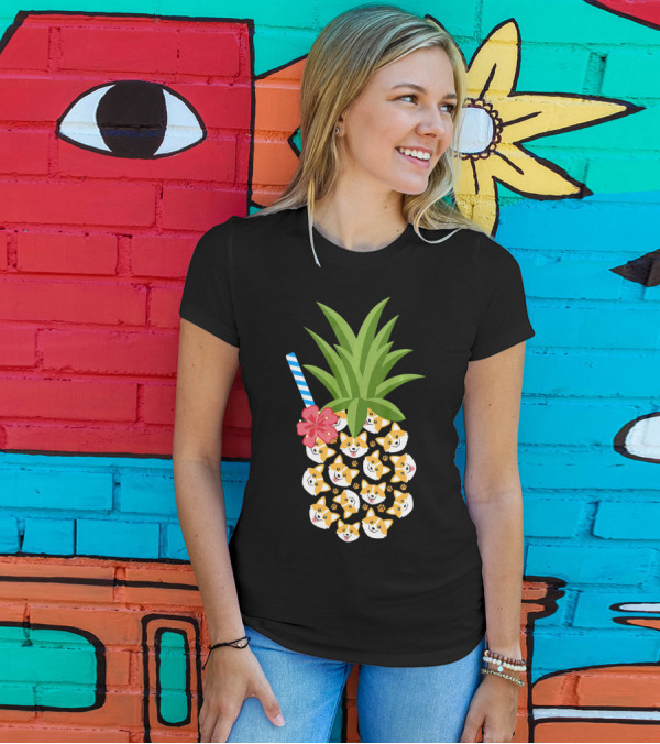 Pineapple Corgi Hawaiian Tropica With Hibiscus And Stripe Straw T-Shirt