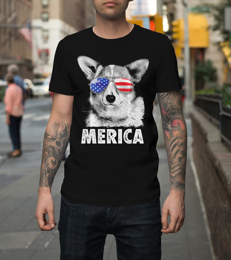 Corgi Merica USA Flag Sunglasses 4th of July T-Shirt