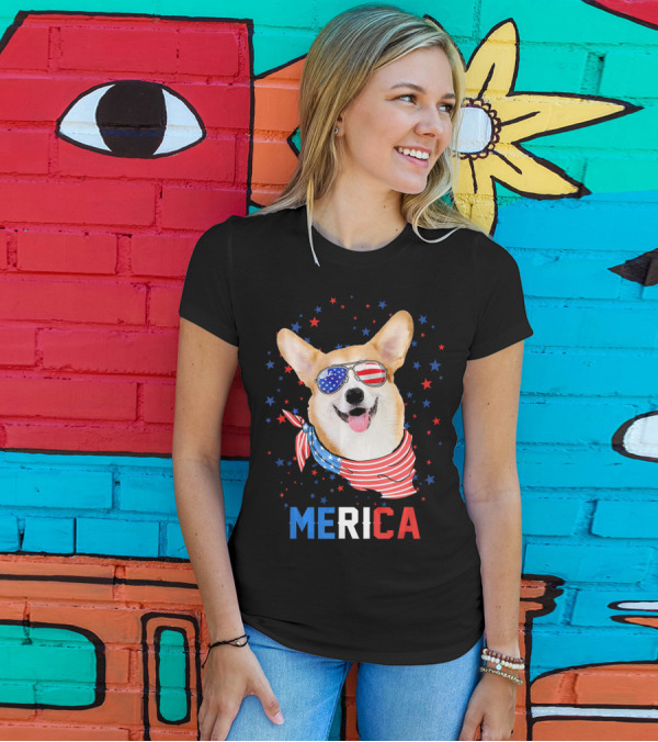 Merica Corgi In American Flag Sunglasses And Bandana T-Shirt