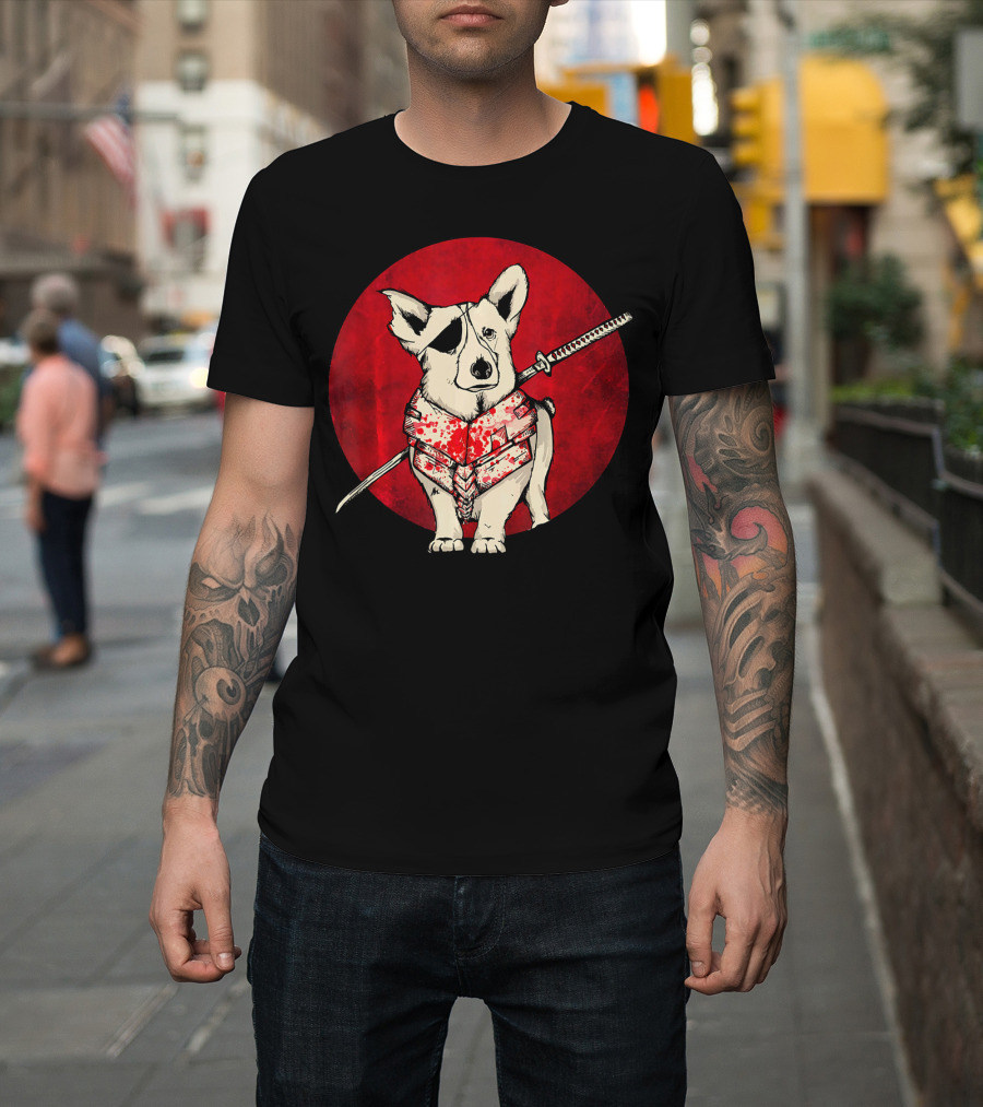 Corgi Samurai Red Moon Katana Warrior T-Shirt