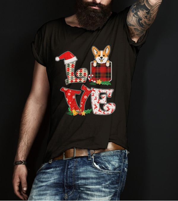 Corgi Love Pocket Christmas Tree Santa Hat Holiday T-Shirt