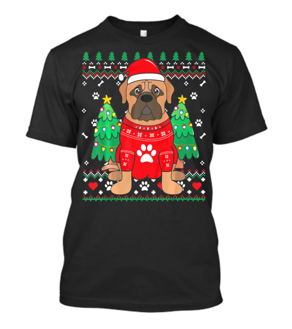 Bullmastiff Christmas Tree Sweater With Santa Hat And Ornaments T-Shirt