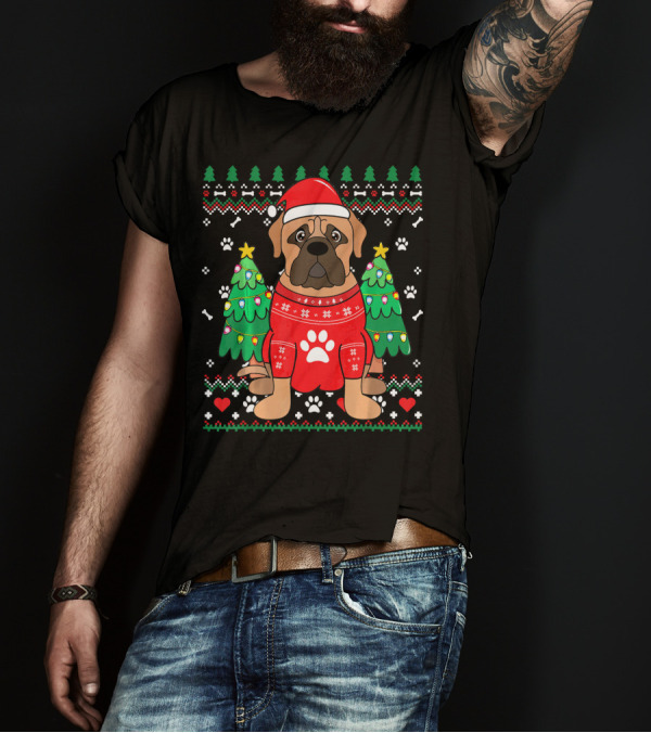 Bullmastiff Christmas Tree Sweater With Santa Hat And Ornaments T-Shirt