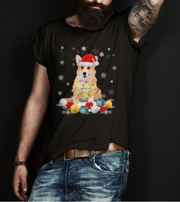 Corgi Dog In Santa Hat With Christmas Lights And Ornaments On Snowflake Background T-Shirt