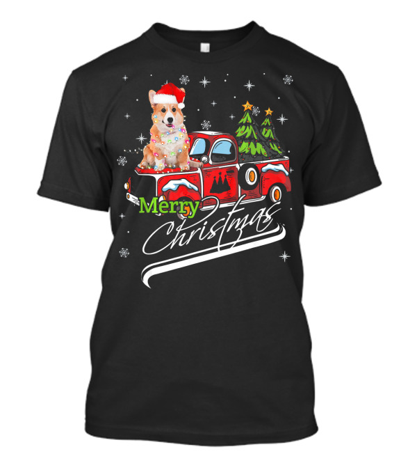Merry Christmas Cute Corgi On Red Truck With Santa Hat And Christmas Trees T-Shirt