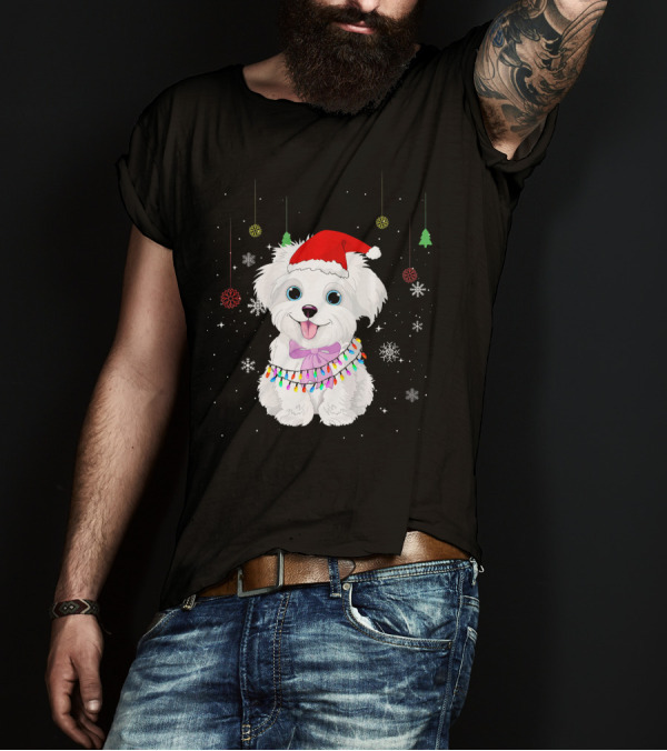 Havanese Dog In Santa Hat With Christmas Lights And Snowflakes T-Shirt