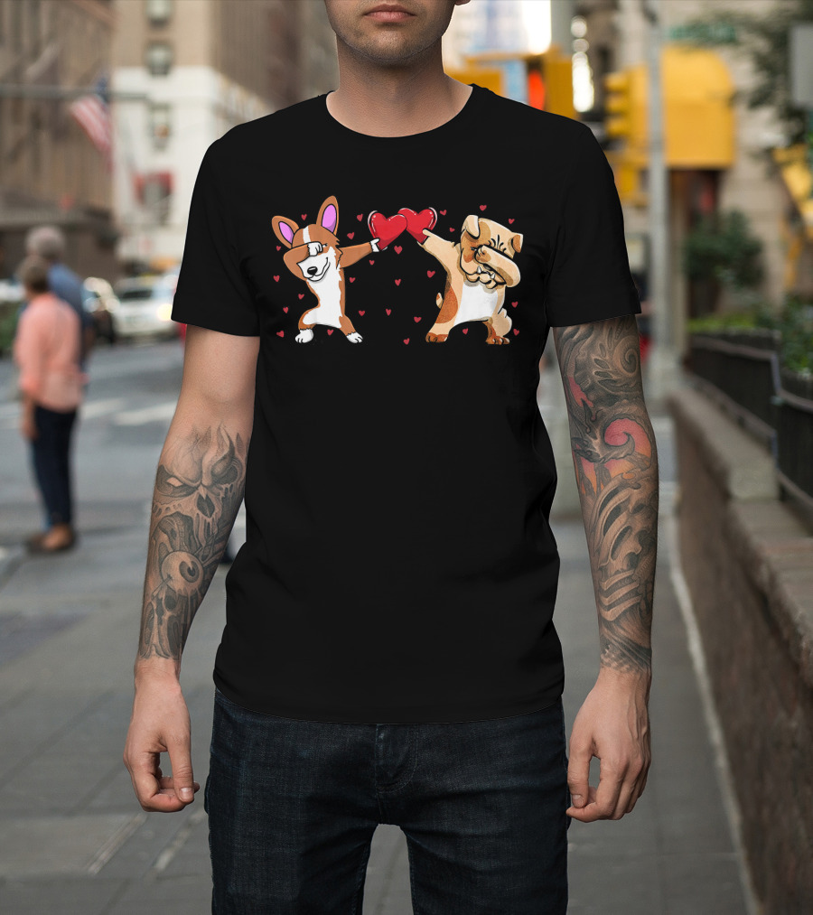 Dabbing Corgi and Bulldog with Hearts Valentines T-Shirt