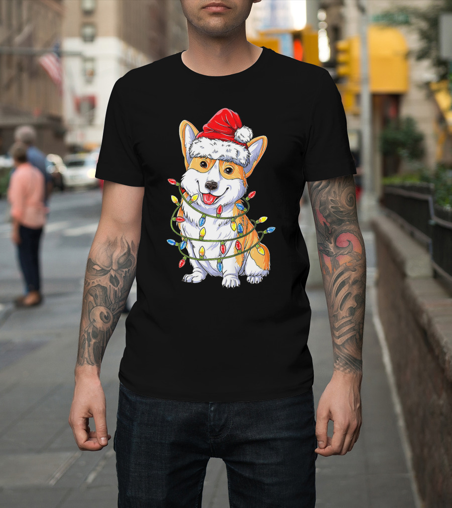 Funny Corgi Christmas Reindeer Santa Hat Lights T-Shirt