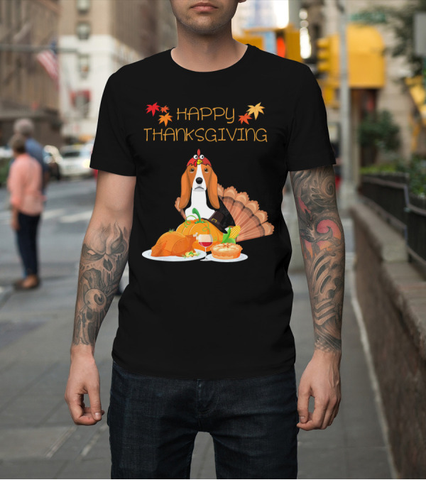 Shirt: Happy Thanksgiving Basset Hound with Festive Turkey Dinner and Autumn Leaves T-Shirt Happy Thanksgiving Basset Hound with Festive Turkey Dinner and Autumn Leaves T-Shirt
