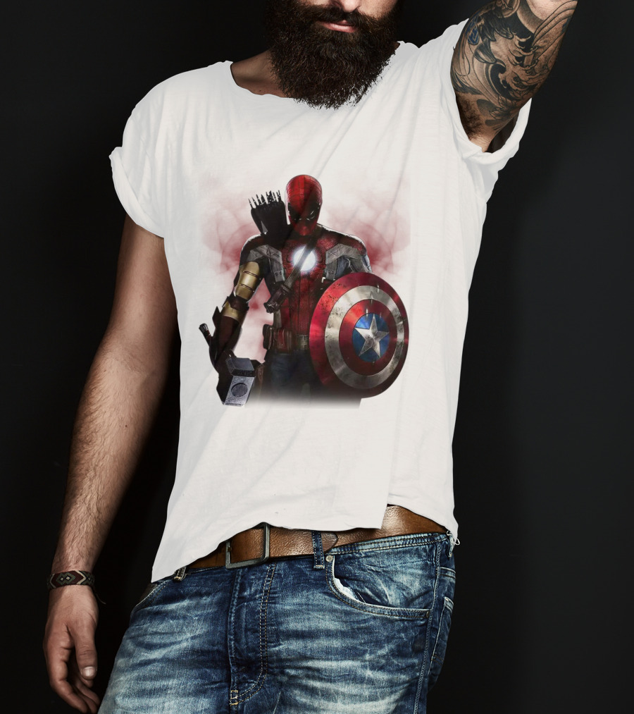 Overpowered Avengers Man Captain America Spider-Man Thor Iron Man Fusion With Shield And Mjolnir T-Shirt