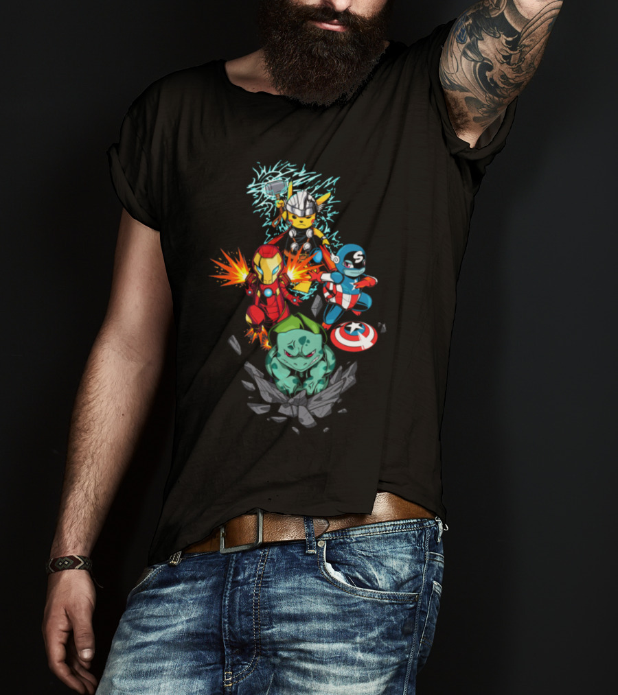 Avengers Pokemon Crossover Pikachu Thor Iron Man Bulbasaur Captain America T-Shirt