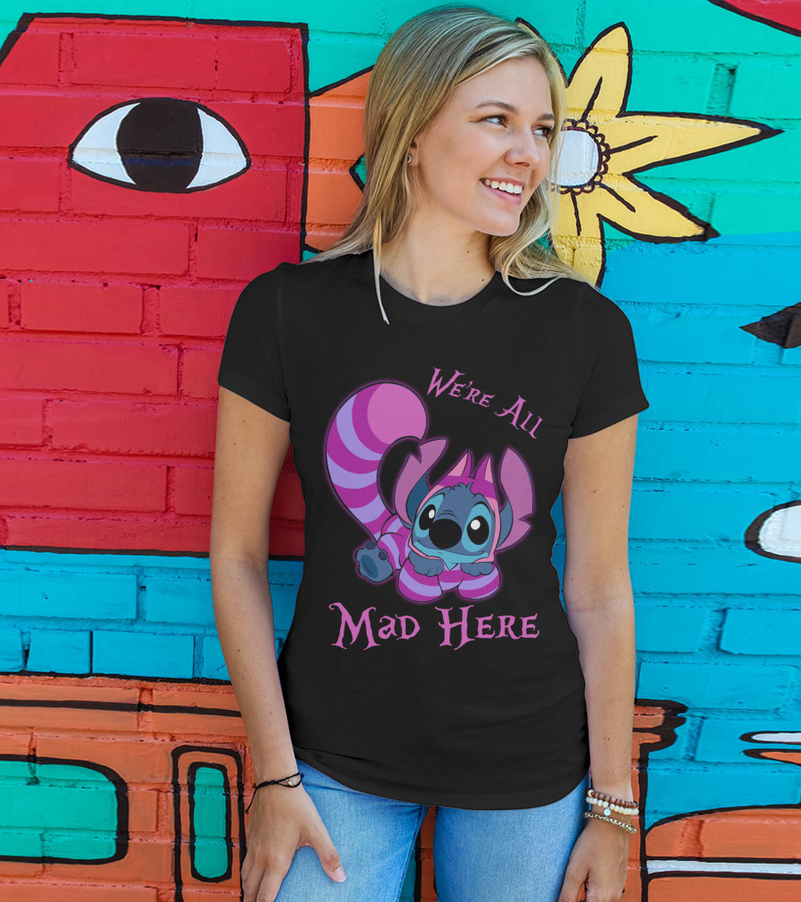 Stitch And Cheshire Cat We're All Mad Here Crossover T-Shirt