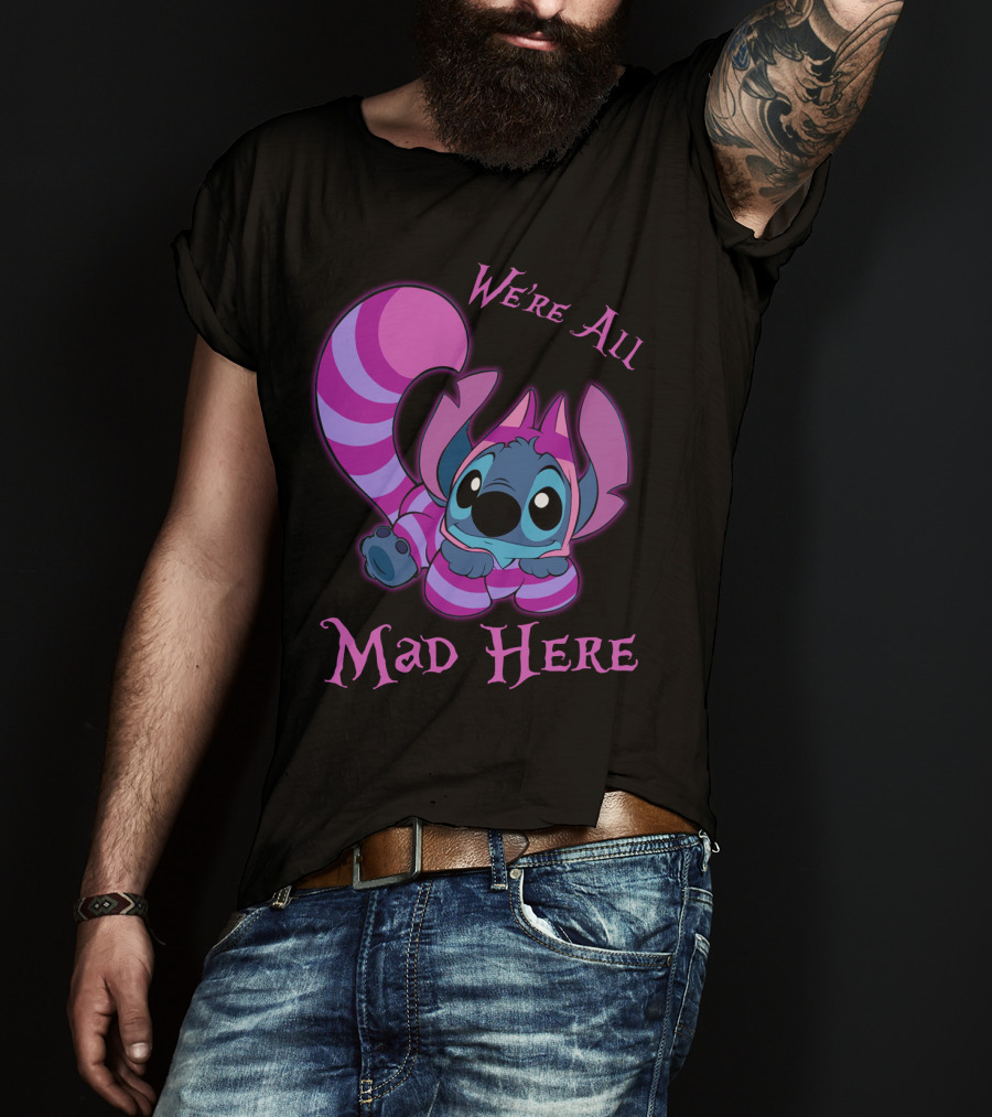 Stitch And Cheshire Cat We're All Mad Here Crossover T-Shirt