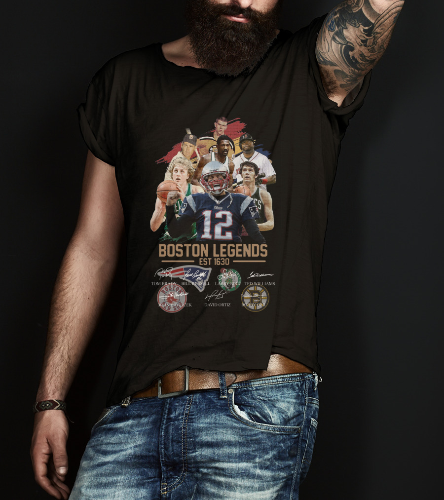 Boston Legends Est 1630 Tom Brady Ted Williams Bill Russell Larry Bird David Ortiz Bobby Orr T-Shirt