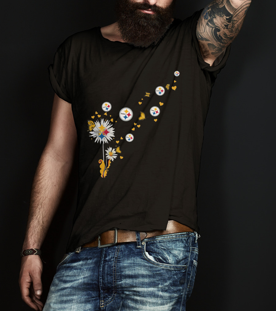 Dandelion With Pittsburgh Steelers Logo And Butterflies T-Shirt
