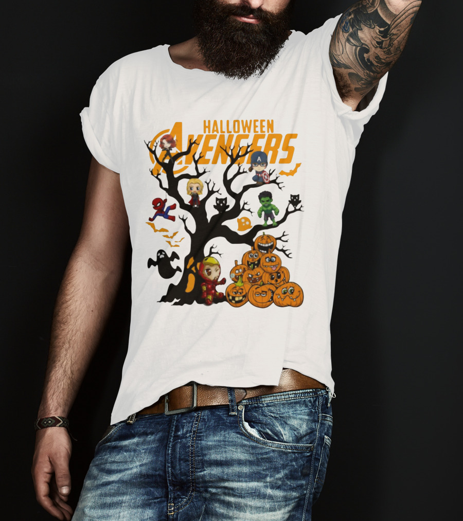 Chibi Halloween Avengers Characters With Pumpkins And Ghosts T-Shirt