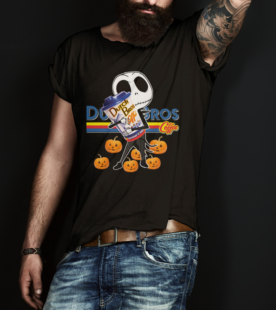 Jack Skellington Holding Dutch Bros Coffee Cup Surrounded By Pumpkins T-Shirt