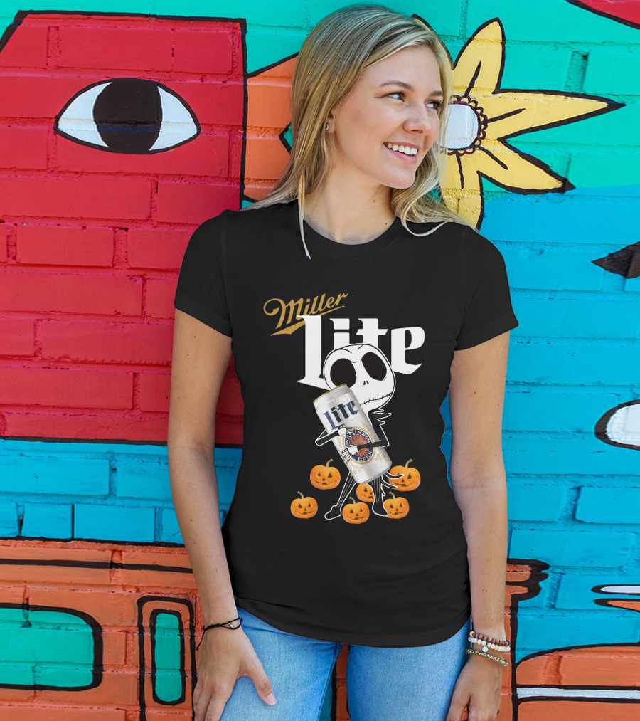 Jack Skellington Holding Miller Lite Surrounded By Pumpkins T-Shirt