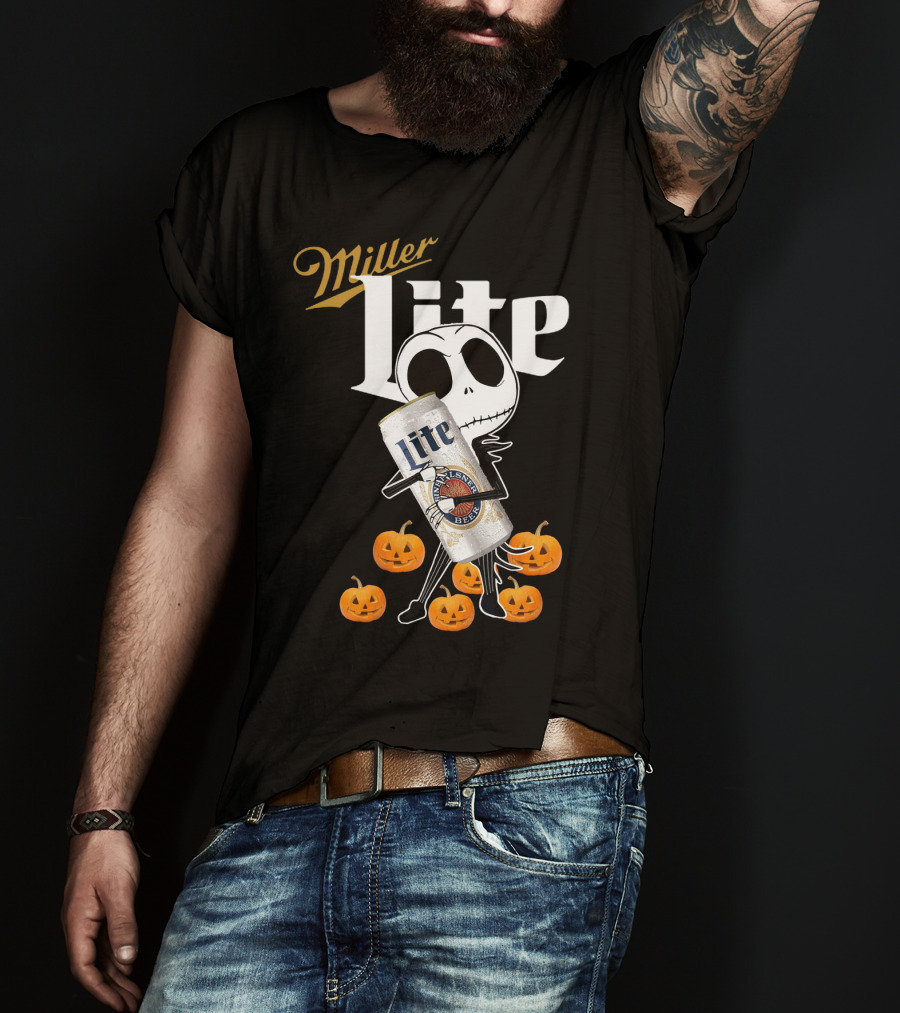 Jack Skellington Holding Miller Lite Surrounded By Pumpkins T-Shirt