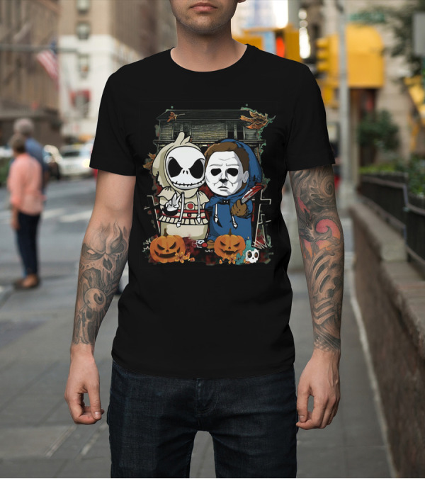 Shirt: Jack Skellington Michael Myers Halloween Mashup with Pumpkins and Haunted House Background T-Shirt Jack Skellington Michael Myers Halloween Mashup with Pumpkins and Haunted House Background T-Shirt