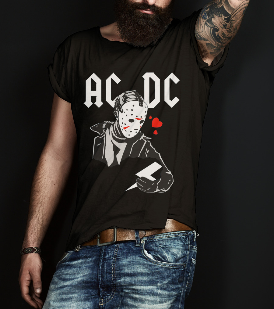 Acdc Jason Voorhees Mask Holding Lightning Bolt With Hearts T-Shirt