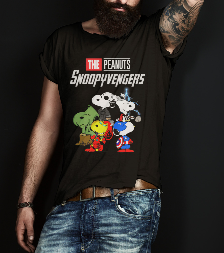 The Peanuts Snoopyvengers Marvel Avengers Endgame Crossover With Snoopy As Iron Man Captain America Thor Hulk Black Widow T-Shirt