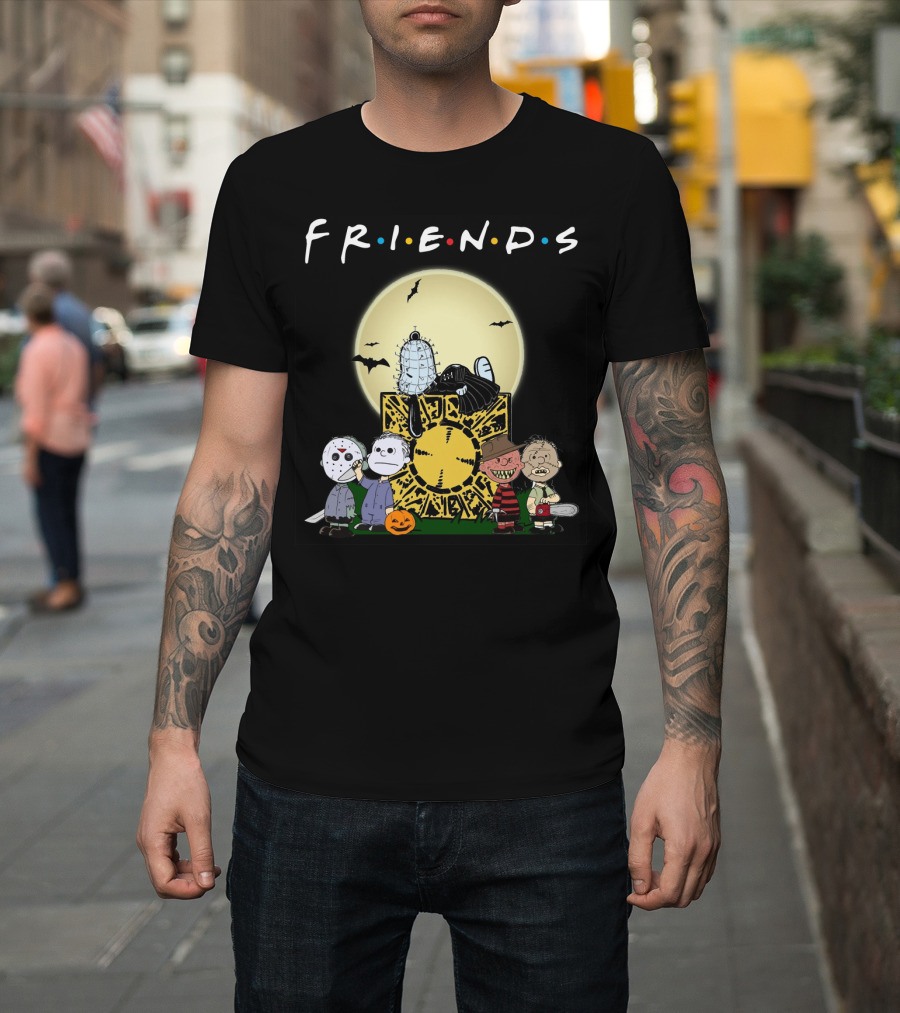 Friends Peanuts Horror Movie Characters Crossover Featuring Iconic Monsters And Symbols T-Shirt