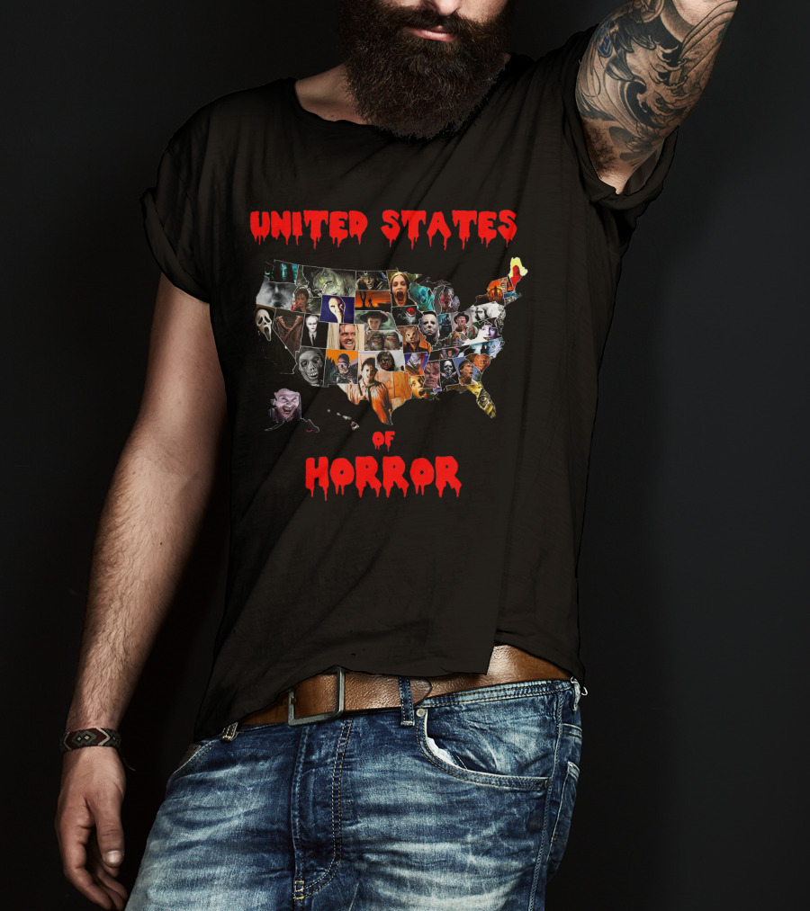United States Of Horror Map Featuring Iconic Characters T-Shirt