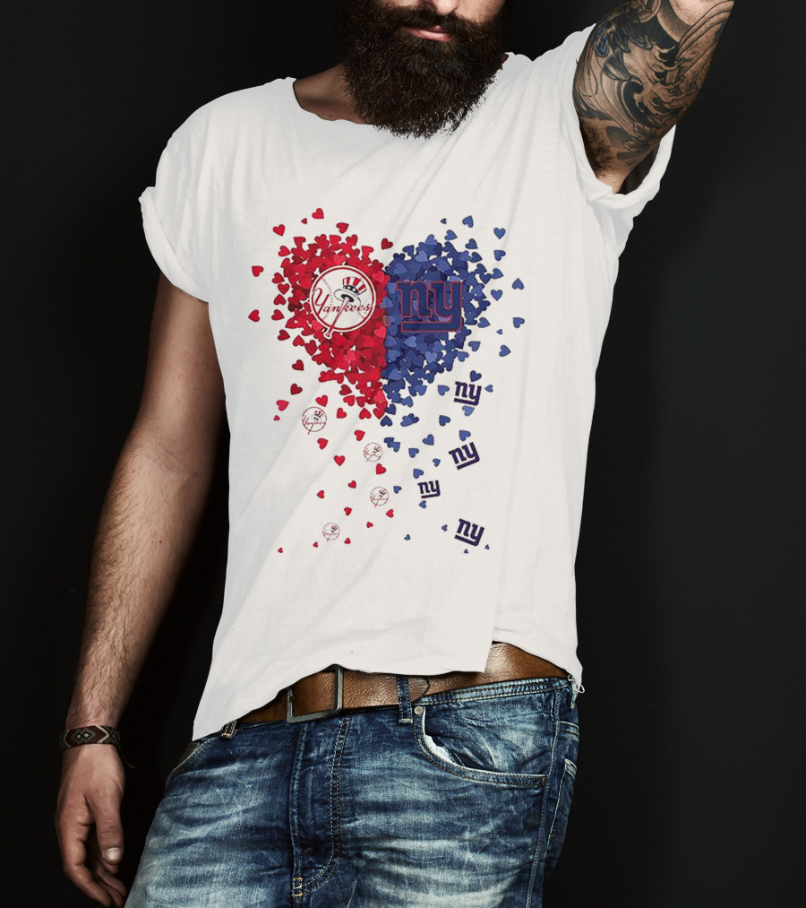 New York Yankees Giants Heart Shaped Logos With Red And Blue Hearts T-Shirt