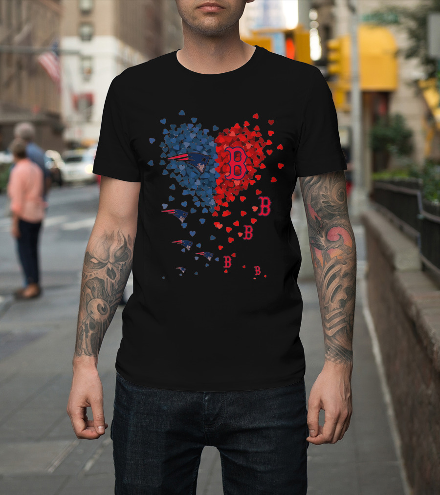 I Love New England Patriots Hearts Boston Red Sox Hearts T-Shirt