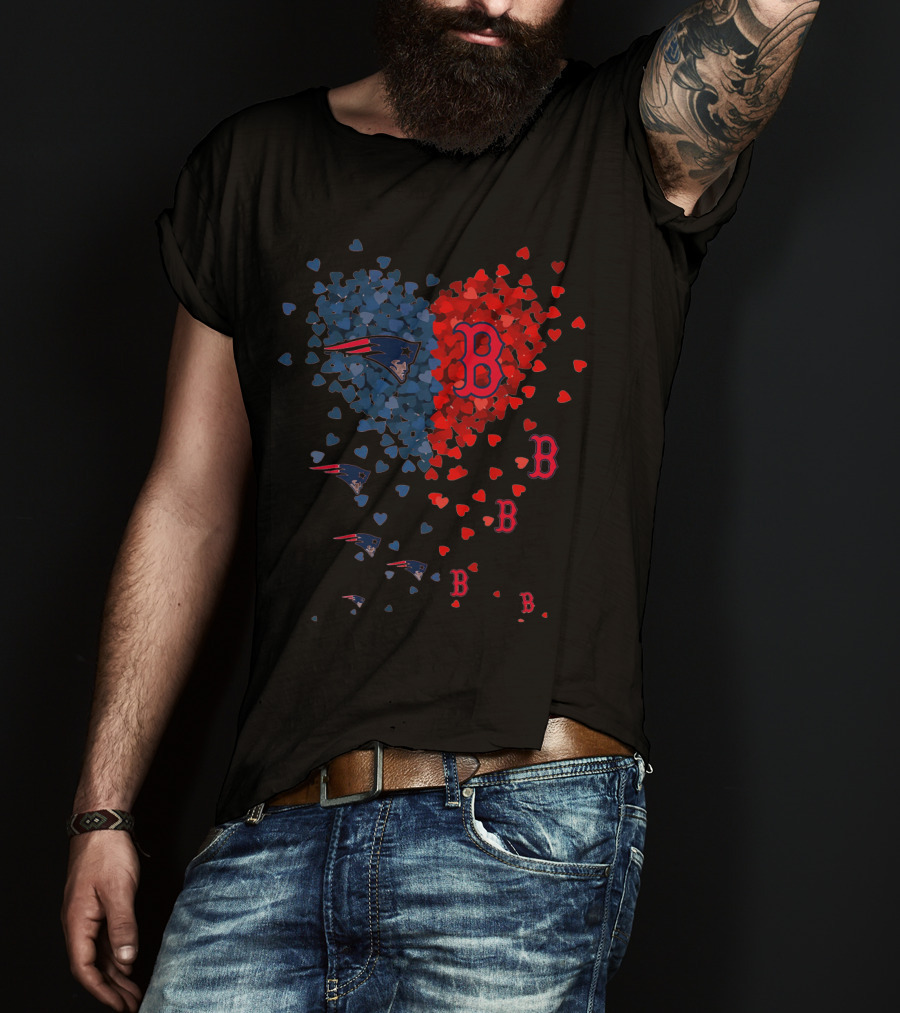 I Love New England Patriots Hearts Boston Red Sox Hearts T-Shirt