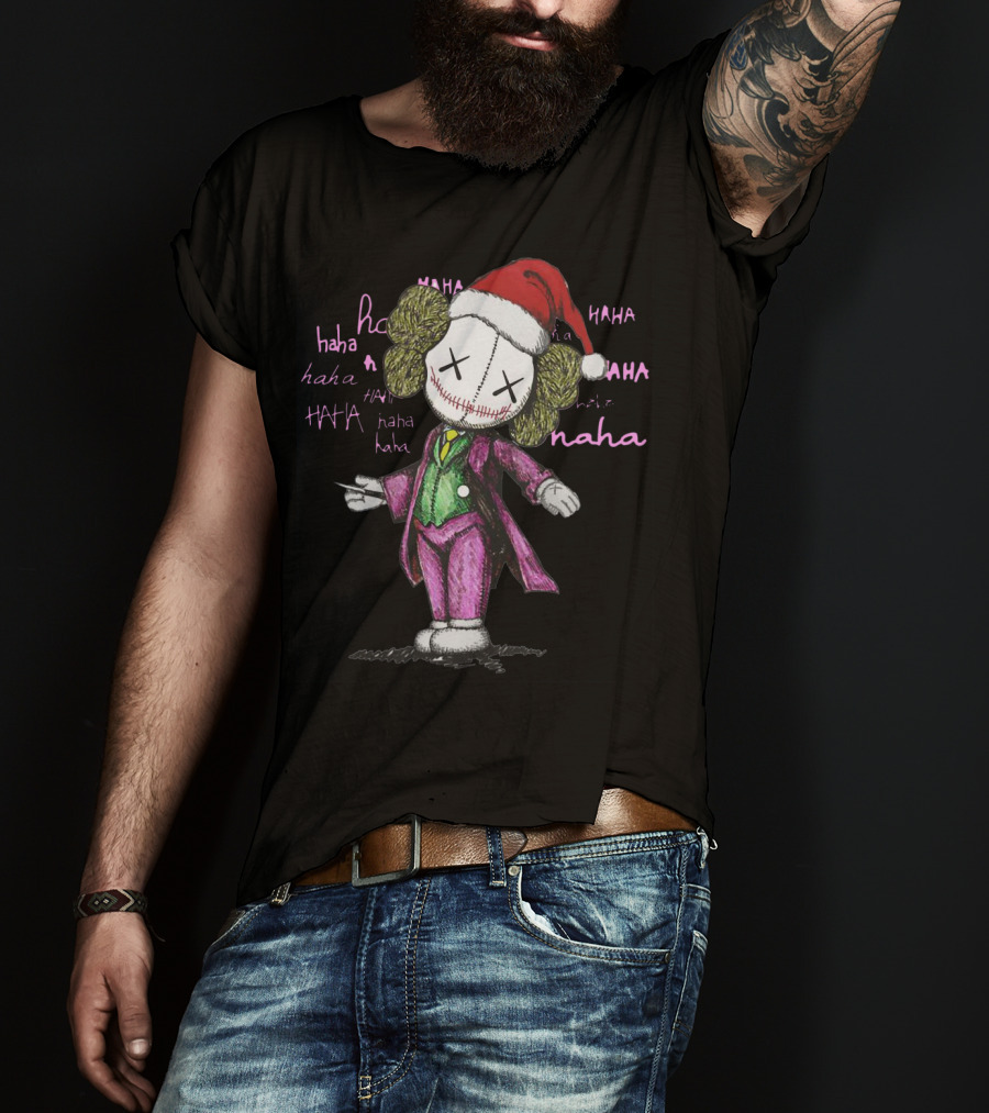 Santa Joker Kaws Haha Clown Character In Festive Hat With Laughing Text T-Shirt
