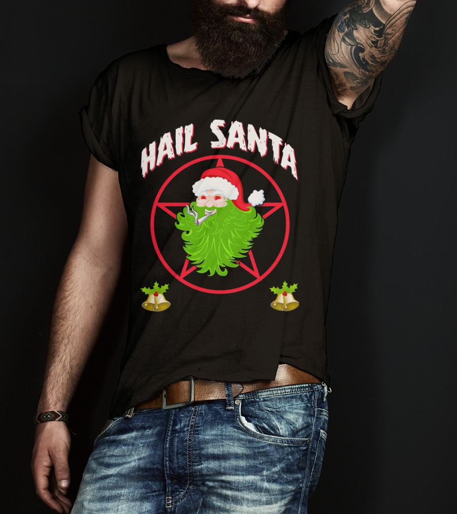 Hail Santa Pentagram Smoking Holly Bells T-Shirt